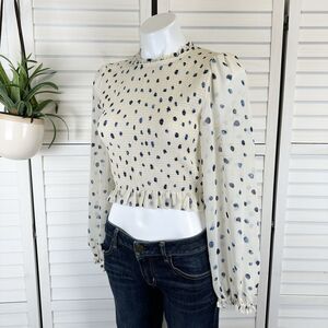 Wilfred Aritzia Tempest Cropped‎ Blouse Top Birch Cream Navy Polka Dot Size S